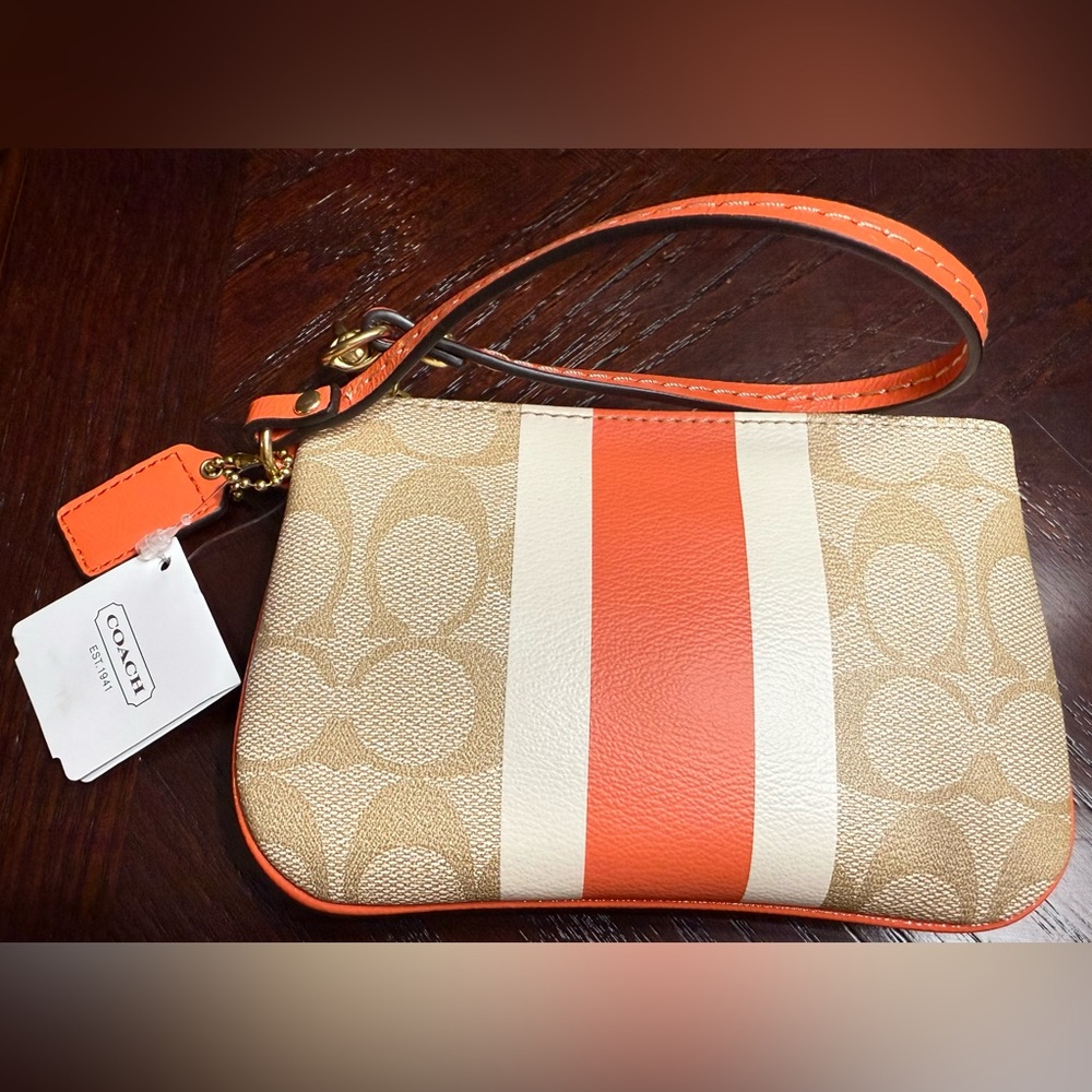 NWT Coach Signature PVC Strap Small Wristlet Light Khaki/Orange